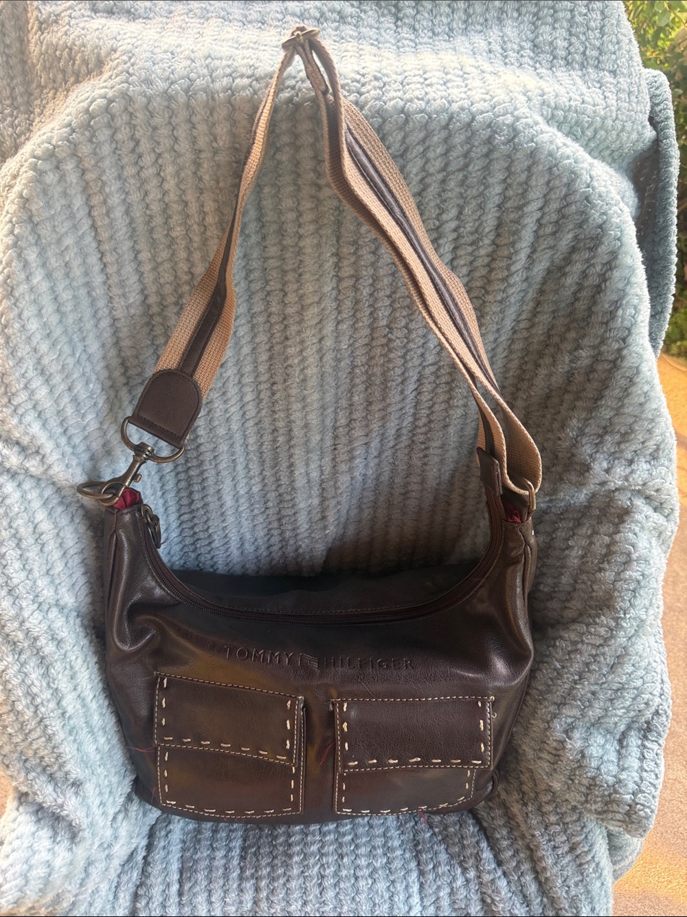 Tommy Hilfiger Dark Brown Leather Messenger Bag with Tan Strap